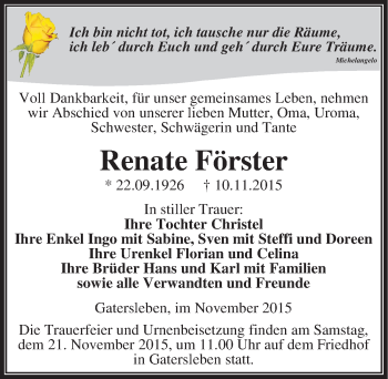 Traueranzeige von Renate Förster von Mitteldeutsche Zeitung Aschersleben