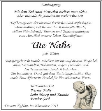 Traueranzeige von Ute Nahs von Mitteldeutsche Zeitung Dessau-Roßlau