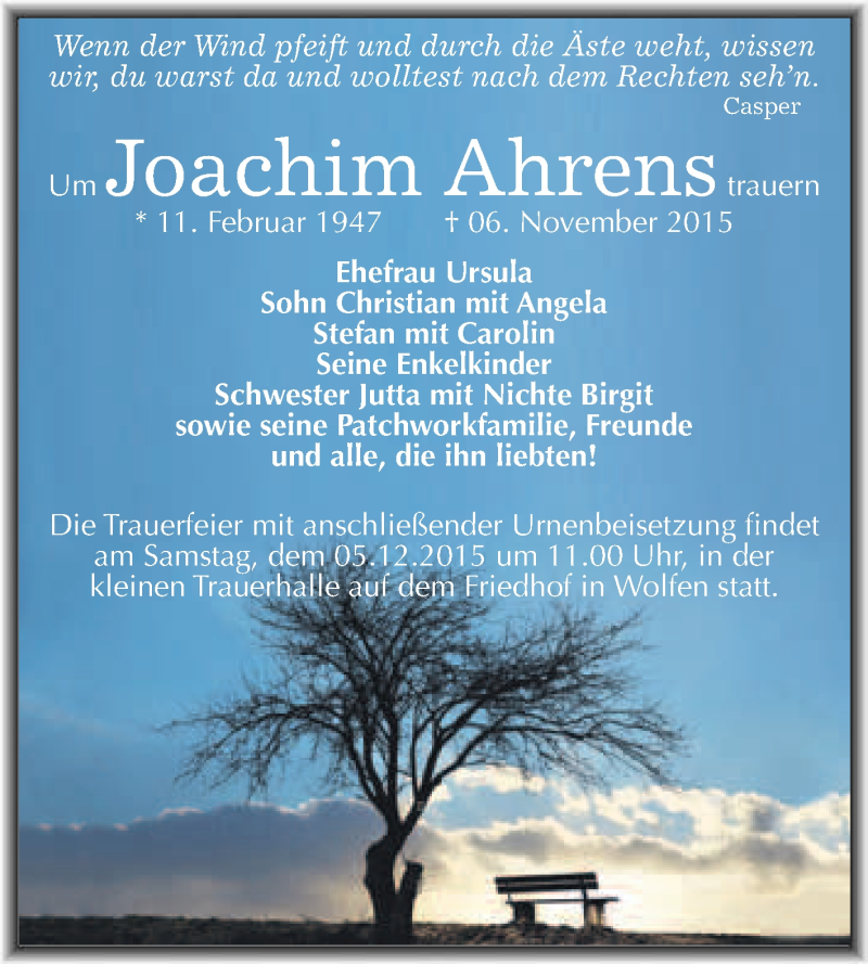  Traueranzeige für Joachim Ahrens vom 25.11.2015 aus WVG - Wochenspiegel Bitterfeld