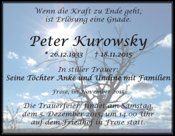 Traueranzeige von Peter Kurowsky von Super Sonntag Aschersleben