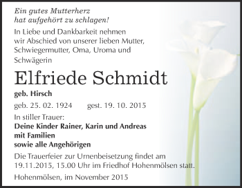 Traueranzeige von Elfriede Schmidt von WVG - Wochenspiegel NMB / WSF / ZTZ