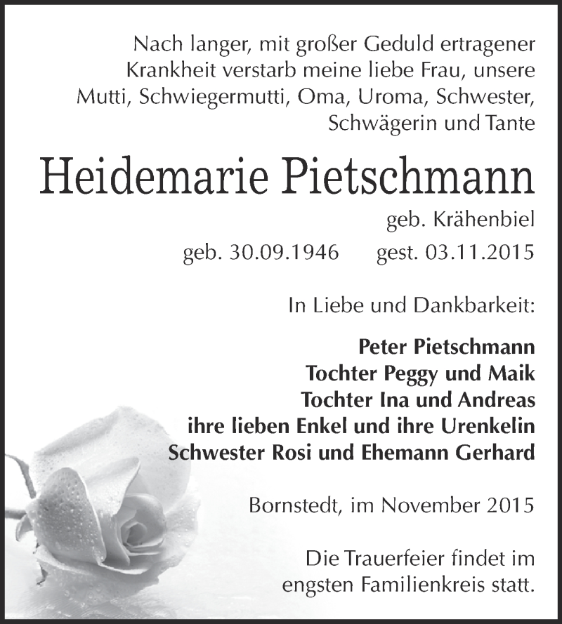  Traueranzeige für Heidemarie Pietschmann vom 14.11.2015 aus Super Sonntag SGH Mansf. Land