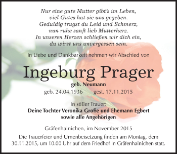 Traueranzeige von Ingeburg Prage von Mitteldeutsche Zeitung Wittenberg