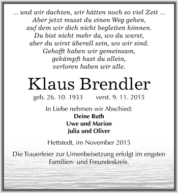 Traueranzeige von Klaus Brendler von Mitteldeutsche Zeitung Mansfelder Land