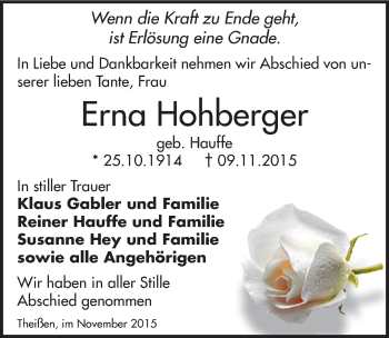 Traueranzeige von Erna Hohberger von Mitteldeutsche Zeitung Weißenfels