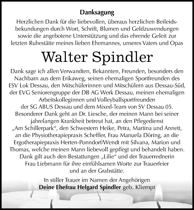  Traueranzeige für Walter Spindler vom 21.11.2015 aus Mitteldeutsche Zeitung Dessau-Roßlau