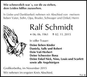 Traueranzeige von Ralf Schmidt von WVG - Wochenspiegel NMB / WSF / ZTZ