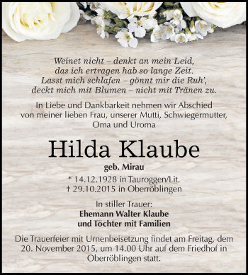 Traueranzeige von Hilda Klaube von Super Sonntag SGH Mansf. Land