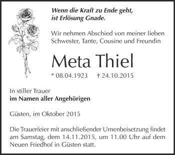 Traueranzeige von Meta Thiel von Super Sonntag Bernburg