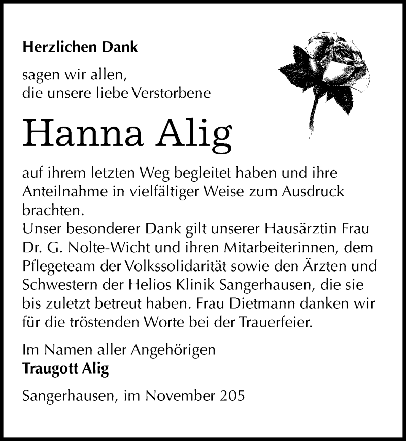  Traueranzeige für Hanna Alig vom 21.11.2015 aus Mitteldeutsche Zeitung Sangerhausen