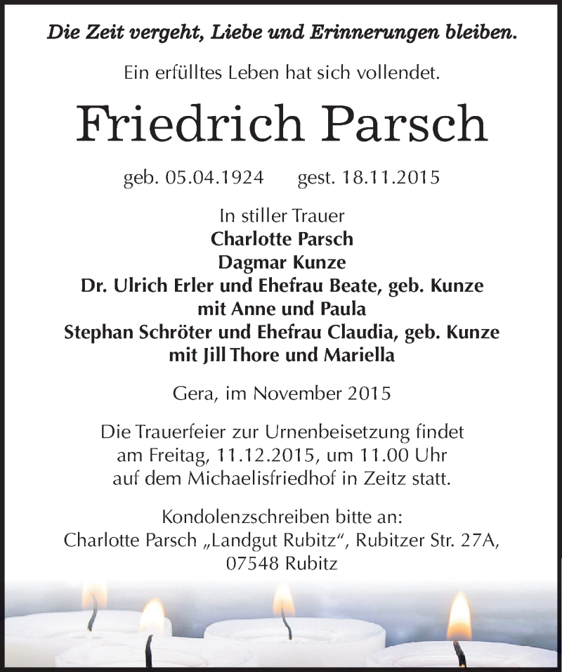  Traueranzeige für Friedrich Parsch vom 28.11.2015 aus Mitteldeutsche Zeitung Zeitz