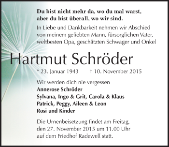 Traueranzeige von Hartmut Schröder von Mitteldeutsche Zeitung Halle/Saalkreis