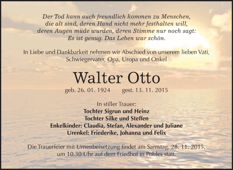  Traueranzeige für Walter Otto vom 21.11.2015 aus WVG - Wochenspiegel NMB / WSF / ZTZ