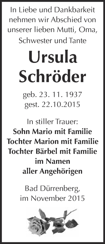Traueranzeige von Ursula Schröder von Super Sonntag Merseburg