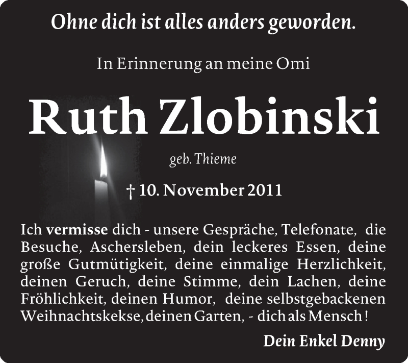  Traueranzeige für Ruth Zlobinski vom 07.11.2015 aus Super Sonntag Aschersleben