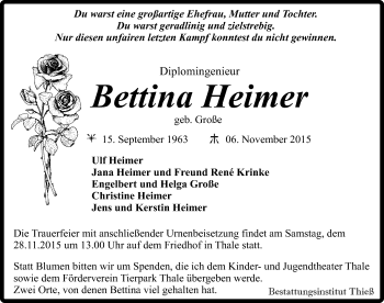 Traueranzeige von Bettina Heimer von Mitteldeutsche Zeitung