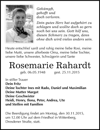 Traueranzeige von Rosemarie Rahardt von Mitteldeutsche Zeitung Wittenberg