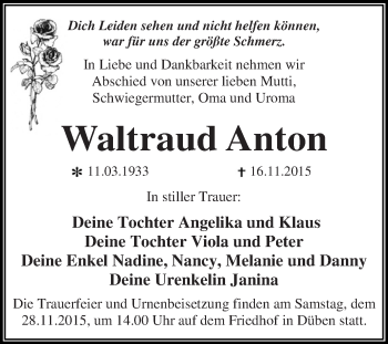 Traueranzeige von Waltraud Anton von WVG - Wochenspiegel Dessau / Köthen