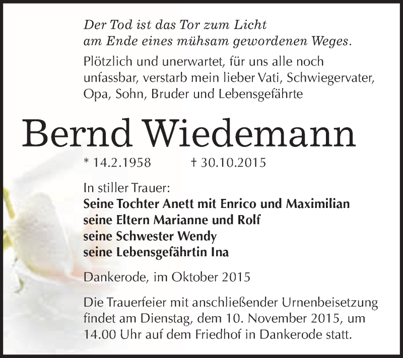  Traueranzeige für Bernd Wiedemann vom 07.11.2015 aus WVG - Wochenspiegel Quedlinburg