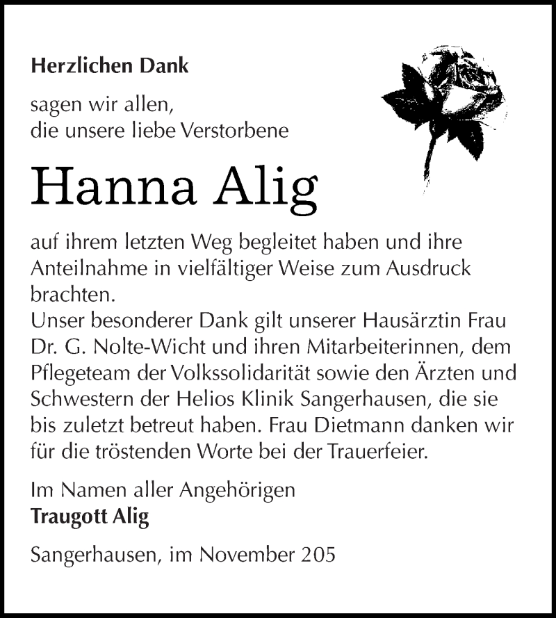  Traueranzeige für Hanna Alig vom 21.11.2015 aus Super Sonntag SGH Mansf. Land