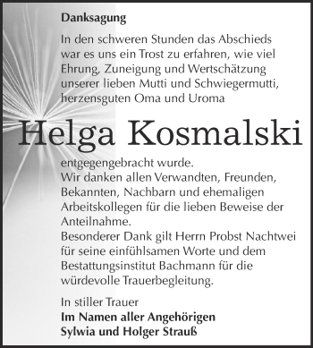Traueranzeige von Helga Kosmalski von WVG - Wochenspiegel Dessau / Köthen