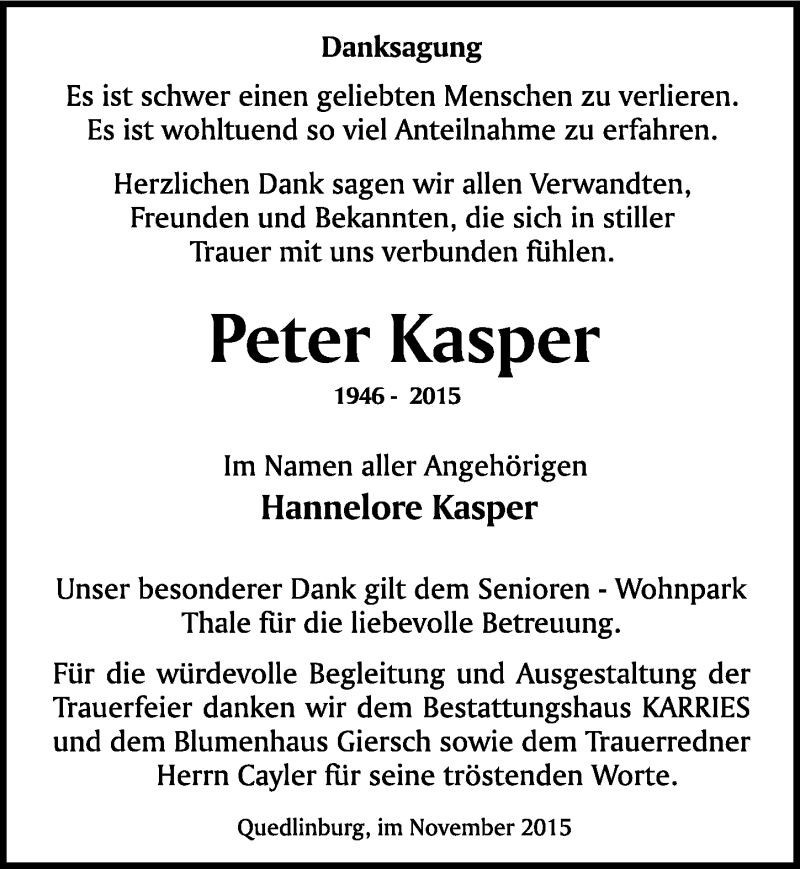  Traueranzeige für Peter Kasper vom 07.11.2015 aus Mitteldeutsche Zeitung Quedlinburg