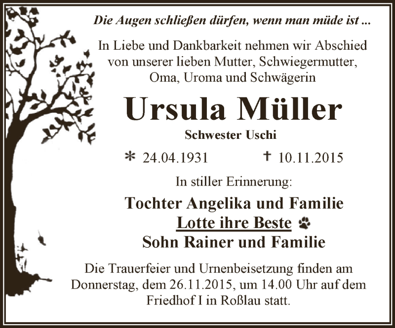  Traueranzeige für Ursula Müller vom 21.11.2015 aus WVG - Wochenspiegel Dessau / Köthen