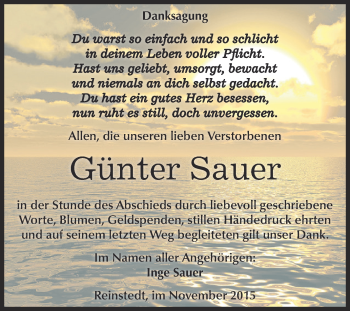 Traueranzeige von Günter Sauer von Super Sonntag Aschersleben