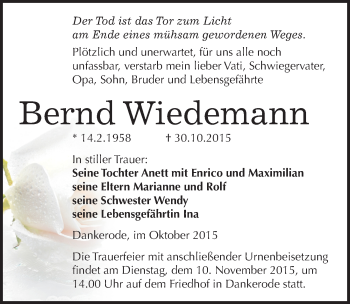 Traueranzeige von Bernd Wiedemann von Mitteldeutsche Zeitung Quedlinburg