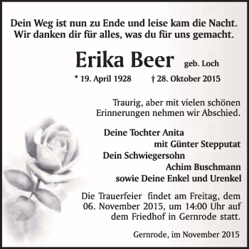 Traueranzeige von Erika Beer von WVG - Wochenspiegel Quedlinburg