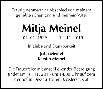 Traueranzeige von Mitja Meinel von Mitteldeutsche Zeitung Dessau-Roßlau