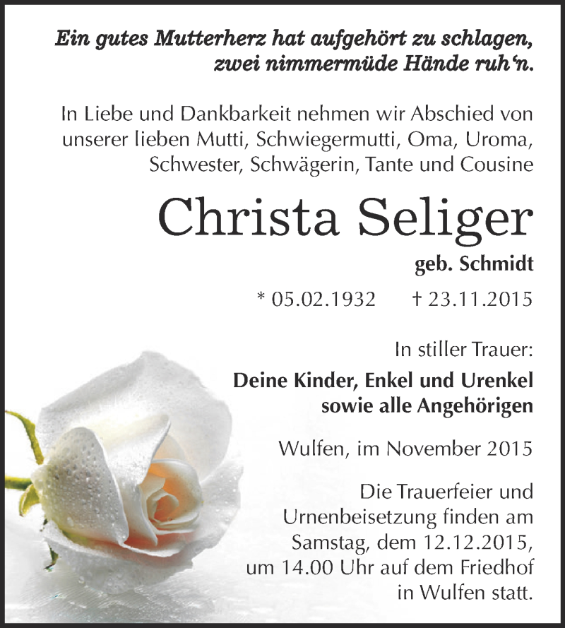  Traueranzeige für Christa Seliger vom 28.11.2015 aus WVG - Wochenspiegel Dessau / Köthen