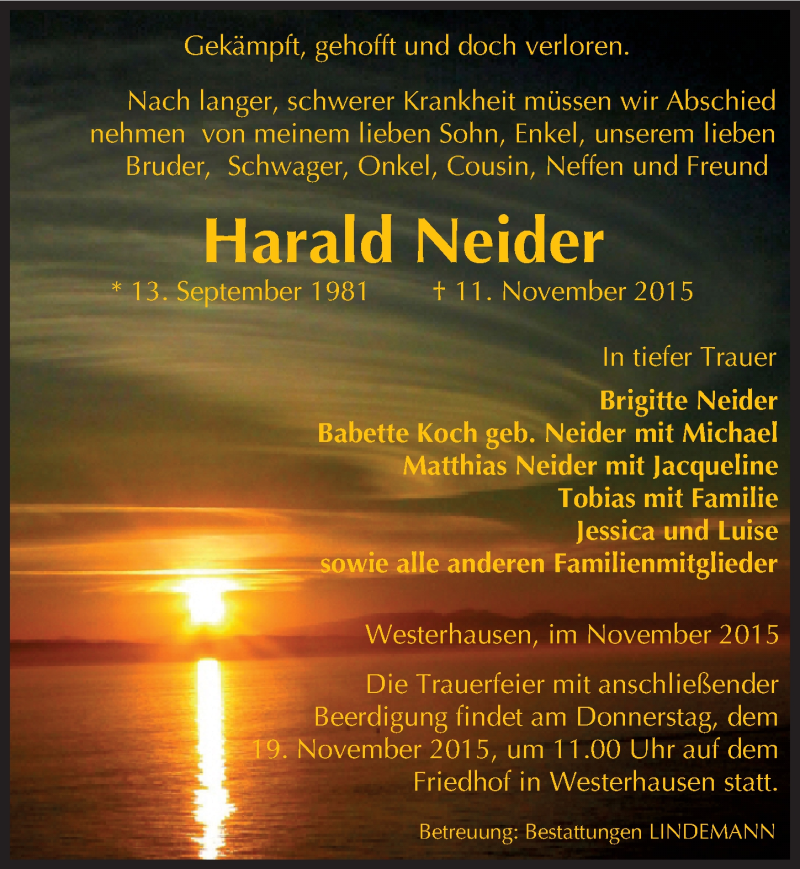  Traueranzeige für Harald Neider vom 14.11.2015 aus Mitteldeutsche Zeitung Quedlinburg