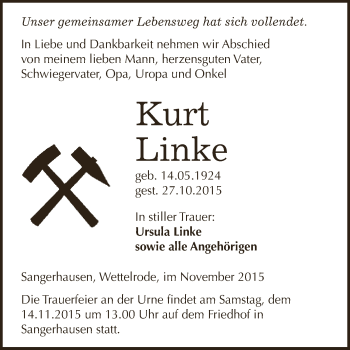 Traueranzeige von Kurt Linke von Super Sonntag SGH Mansf. Land