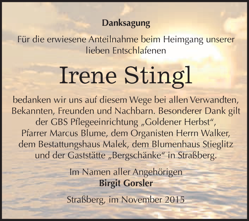  Traueranzeige für Irene Stingl vom 21.11.2015 aus WVG - Wochenspiegel Quedlinburg