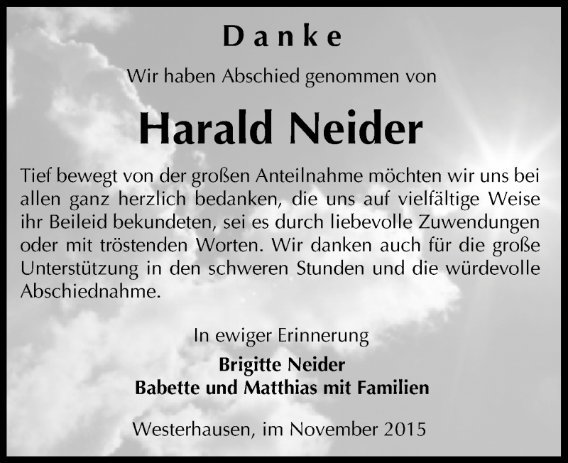 Traueranzeige für Harald Neider vom 28.11.2015 aus Mitteldeutsche Zeitung Quedlinburg