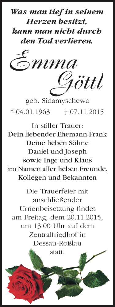  Traueranzeige für Emma Göttl vom 18.11.2015 aus Mitteldeutsche Zeitung Dessau-Roßlau