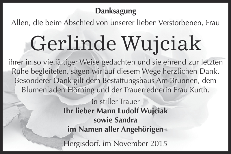  Traueranzeige für Gerlinde Wujciak vom 25.11.2015 aus Wochenspiegel Mansfelder Land