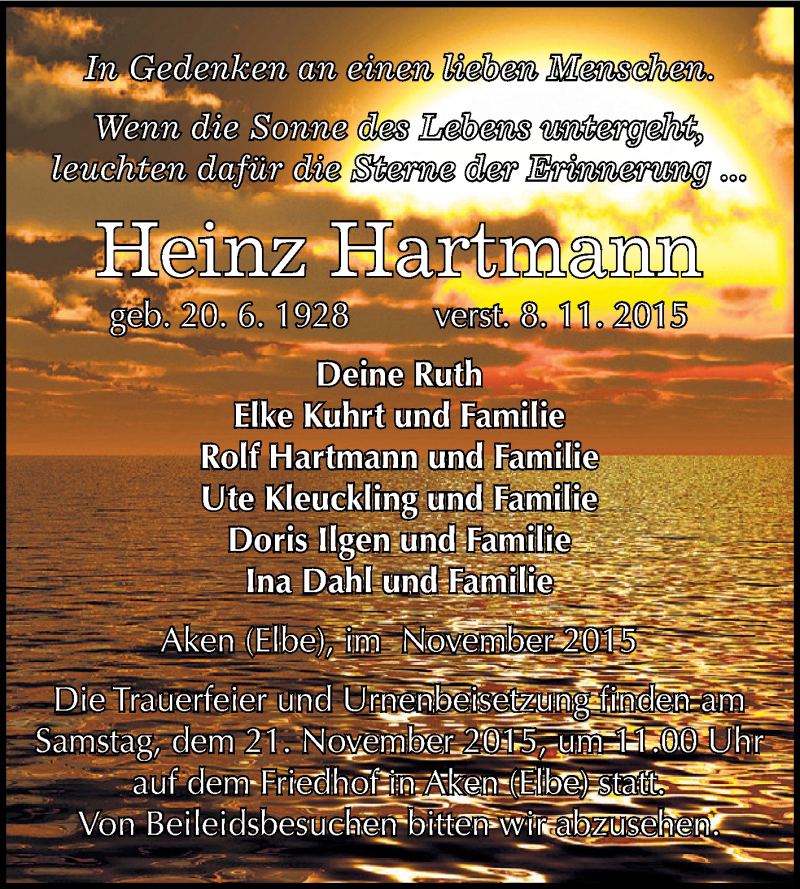  Traueranzeige für Heinz Hartmann vom 14.11.2015 aus WVG - Wochenspiegel Dessau / Köthen