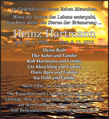 Traueranzeige von Heinz Hartmann von Mitteldeutsche Zeitung Köthen