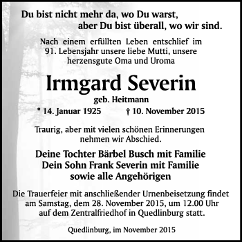Traueranzeige von Irmgard Severin von WVG - Wochenspiegel Quedlinburg