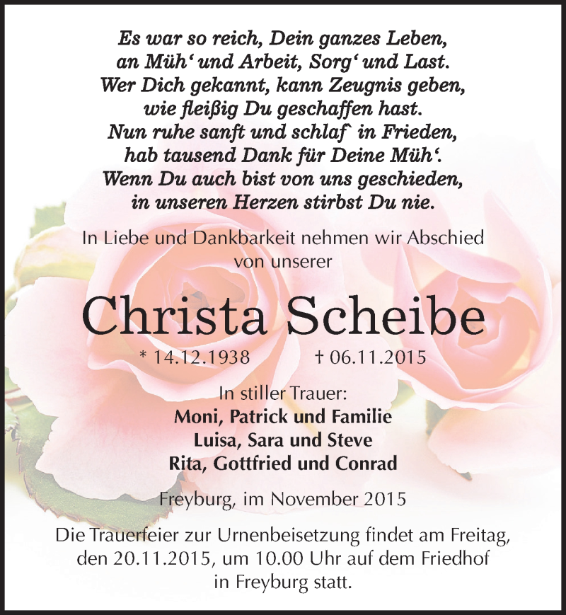  Traueranzeige für Christa Scheibe vom 14.11.2015 aus Mitteldeutsche Zeitung Naumburg/Nebra