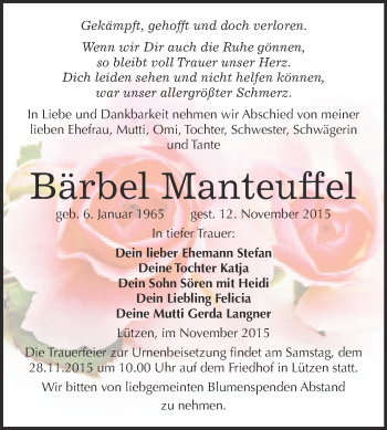 Traueranzeige von Bärbel Manteuffel von Super Sonntag Merseburg