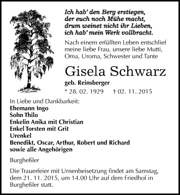 Traueranzeige von Gisela Schwarz von Mitteldeutsche Zeitung Naumburg/Nebra