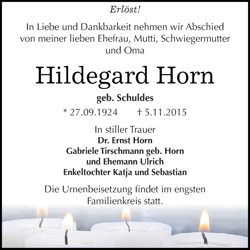  Traueranzeige für Hildegard Horn vom 14.11.2015 aus WVG - Wochenspiegel Dessau / Köthen