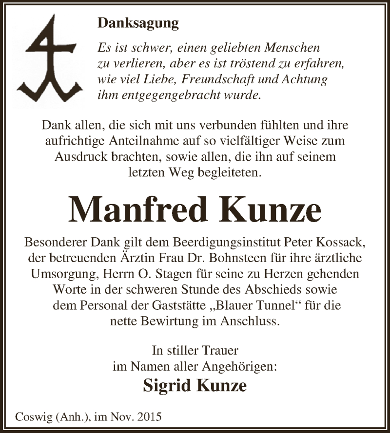  Traueranzeige für Manfred Kunze vom 21.11.2015 aus WVG - Wochenspiegel Dessau / Köthen