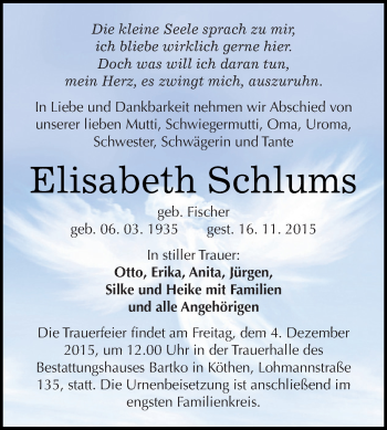 Traueranzeige von Elisabeth Schlums von WVG - Wochenspiegel Dessau / Köthen