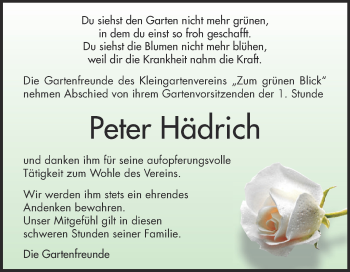 Traueranzeige von Peter Hädrich von Super Sonntag Zeitz