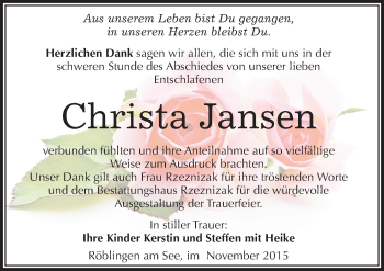 Traueranzeige von Christa Jansen von Mitteldeutsche Zeitung Mansfelder Land