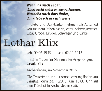 Traueranzeige von Lothar Klix von Super Sonntag Aschersleben